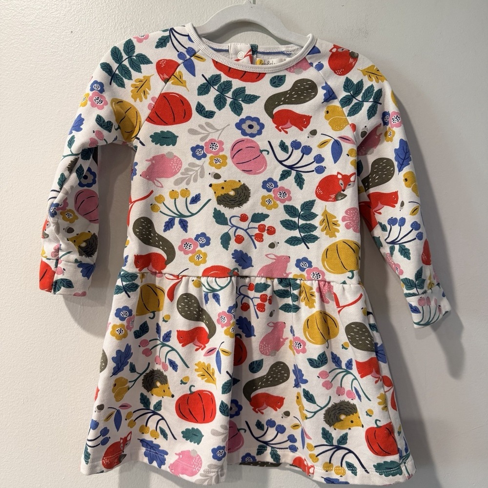 Mini Boden Cosy Printed Sweatshirt Dress Ivory Forest Friends 3-4 Years